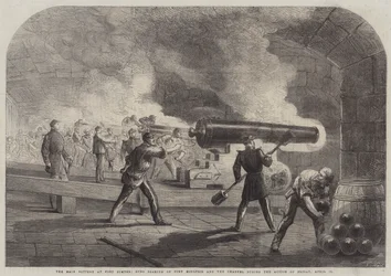 A fő akkumulátor Fort Sumterben, fegyverek Fort Moultrie-n és a csatornán az április 12-i, pénteki akció során